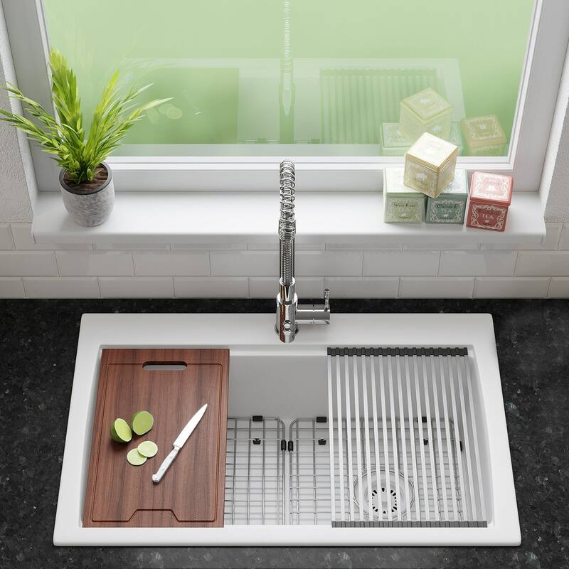 33 Inch Lexicon Platinum Quartz Composite Drop-in Undermount Single Bowl Workstation Galaxy White Kitchen Sink LP-750TM-W