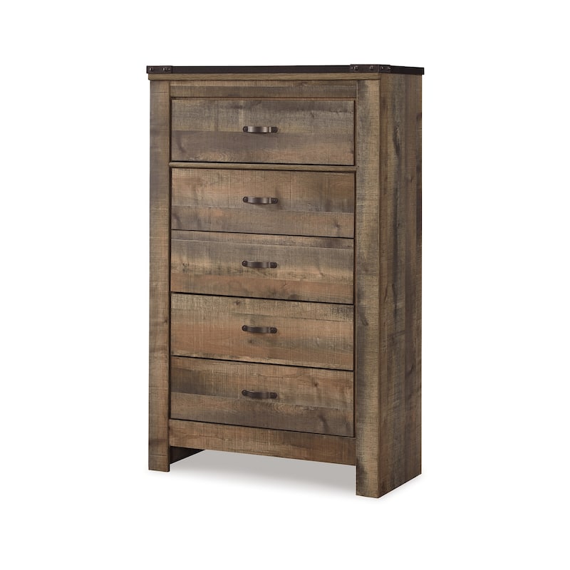 Zoey Tall Dresser Chest, 5 Storage Drawers, Rustic Brown Plank Details