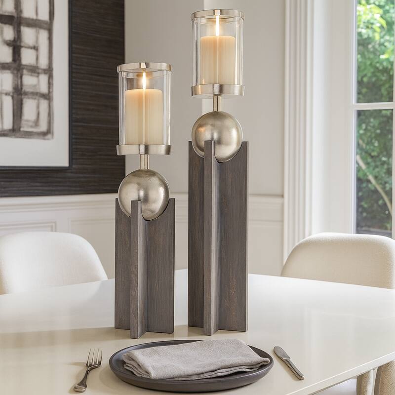 Candle Holders Set of 2 - Gray Wood Metal Sphere, 15/19" - 19.0" - Gray - 19.0"