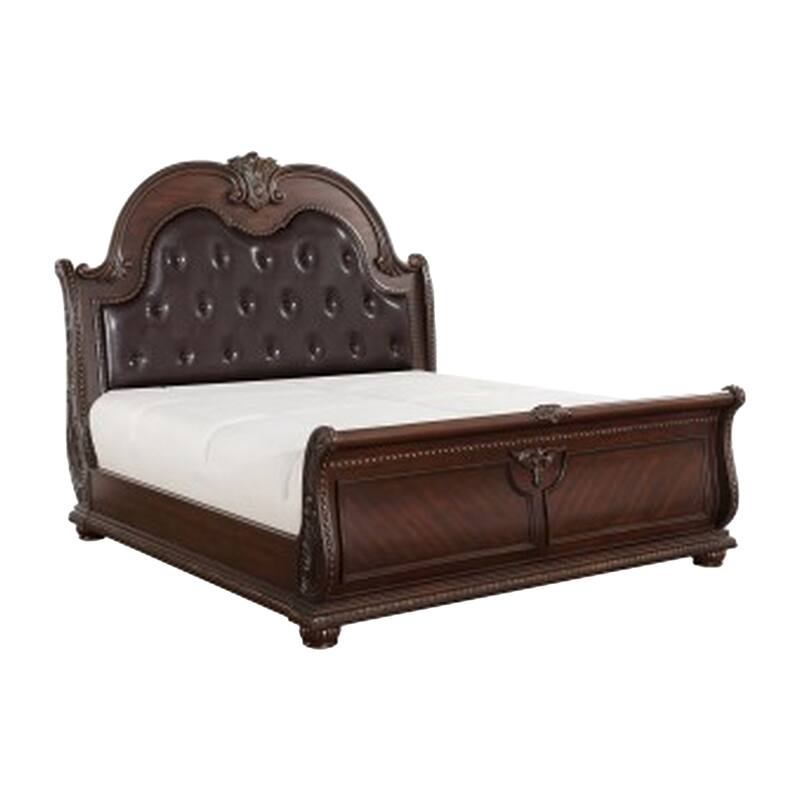 Caitlin Four Pc Queen Bedroom Set, Tufted Faux Leather Headboard, Marble Tops, Brown