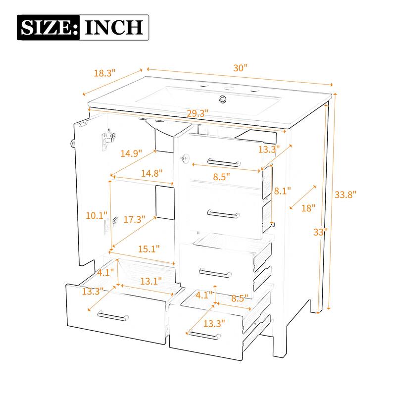 24'' Freestanding Bathroom Vanity in White with White Integrated Ceramic Sink - 30'' x 18.3'' x 33.8''