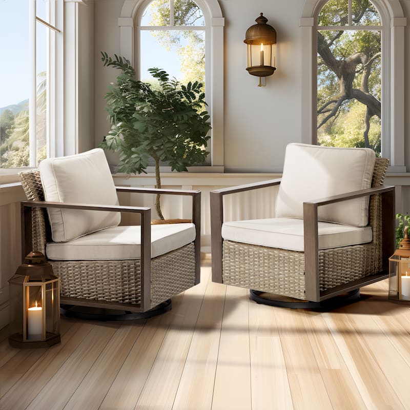 Cozywor 2-Piece Patio Wicker Outdoor Rocking Chair with Metal Frame and Cushions - Beige