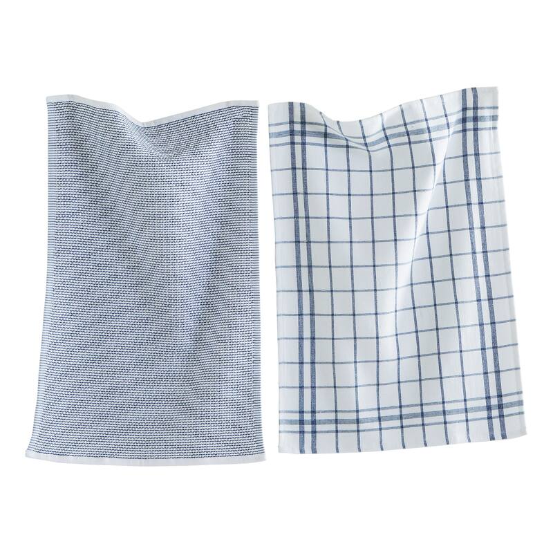 26L"x18W" Classic Navy Cotton Set of 2 Checked and Solid Terry Cloth Dishtowel Kitchen Towel Blue Machine Washasble