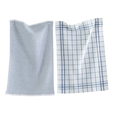 26L"x18W" Classic Navy Cotton Set of 2 Checked and Solid Terry Cloth Dishtowel Kitchen Towel Blue Machine Washasble