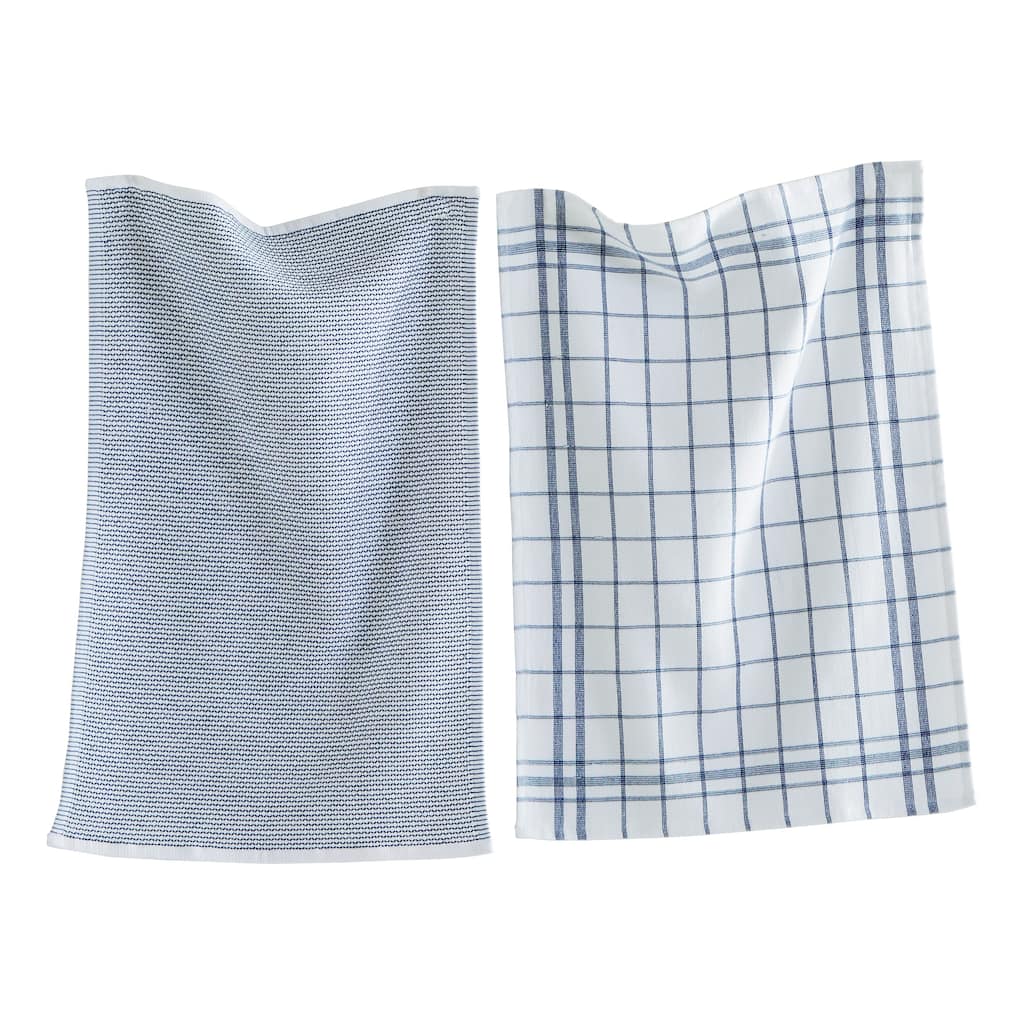 26L"x18W" Classic Navy Cotton Set of 2 Checked and Solid Terry Cloth Dishtowel Kitchen Towel Blue Machine Washasble