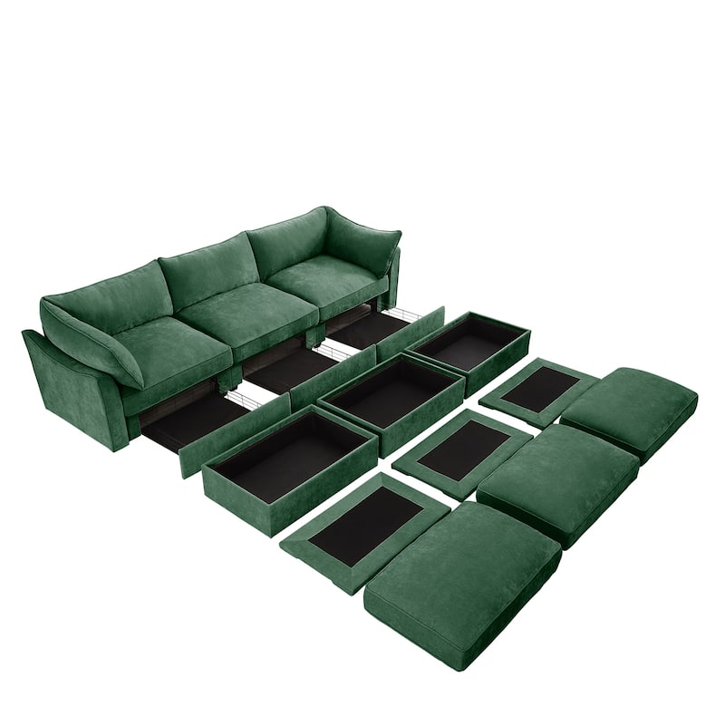 Modular Upholstered Sofa with 3 Ottomans and Storage Drawers, Deep Seat Chenille Sleeper Couch for Living Room, Home Theater