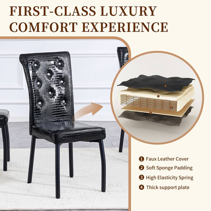 A set of 4 white and black vintage crocodile leather cushioned dining chairs, featuring crystal clasp design and leather