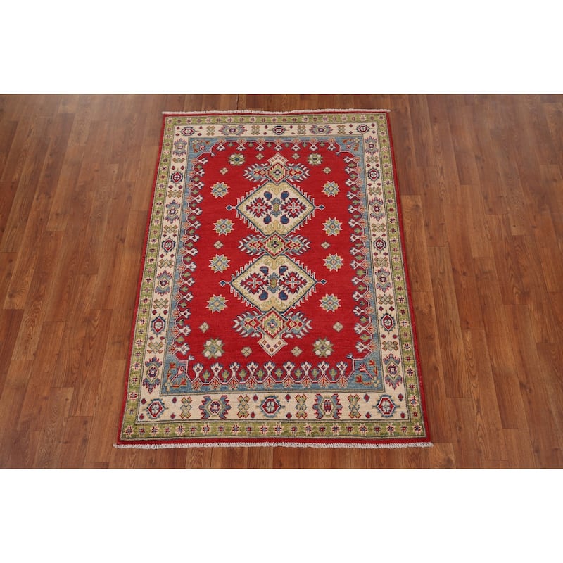 Red Geometric Kazak Accent Rug Hand-Knotted Wool Carpet - 3'5" x 4'10"