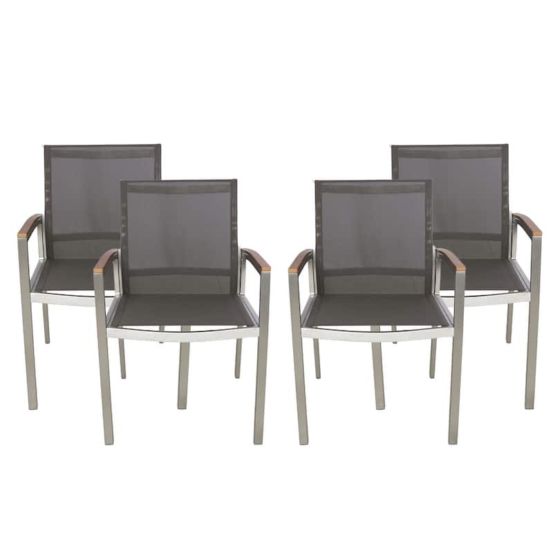 Luton Aluminum Outdoor Dining Chairs with Faux Wood Accents by Christopher Knight Home - Silver + Outdoor Mesh