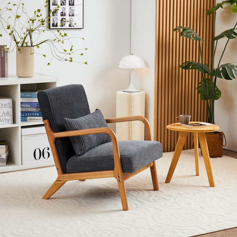 Mid-Century Modern Accent Chair – Upholstered Armchair with Pillow & Solid Wood Frame, Perfect for Living Room, Bedroom. - Antique Dark Grey+Natural