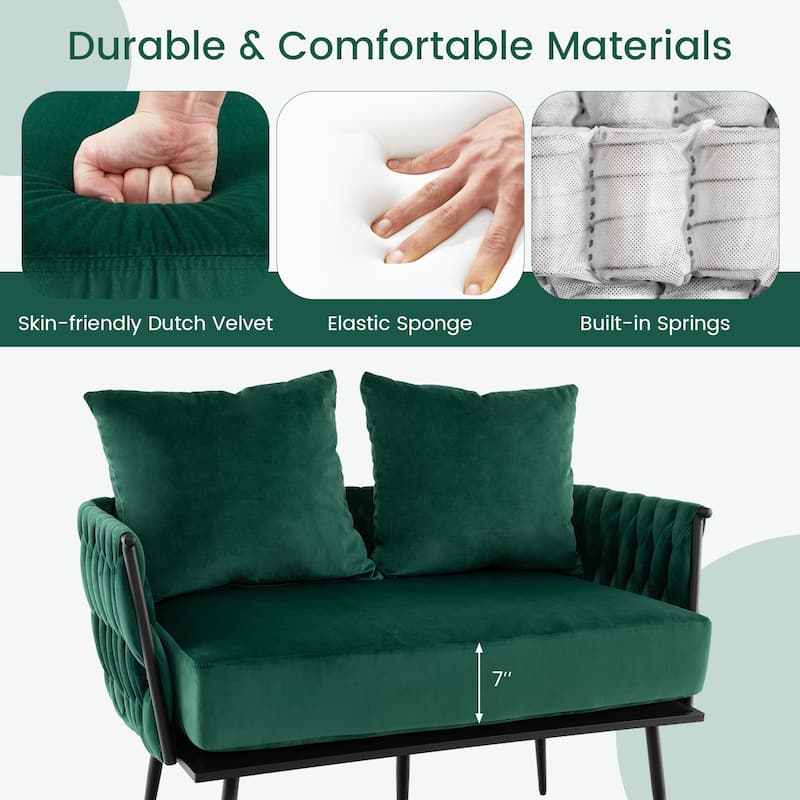Dutch Velvet Woven Loveseat Sofa with Metal Legs and 2 Cushioned Pillows - 43” x 24” x 25.5”