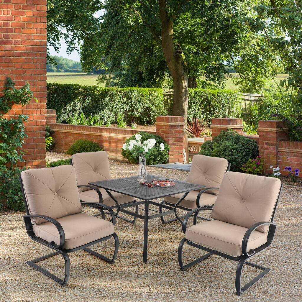 MAISON ARTS Metal Outdoor Patio Dining Sets 5 Pieces, 4 Spring Motion Chairs with Cushions and 1 Square Metal Table