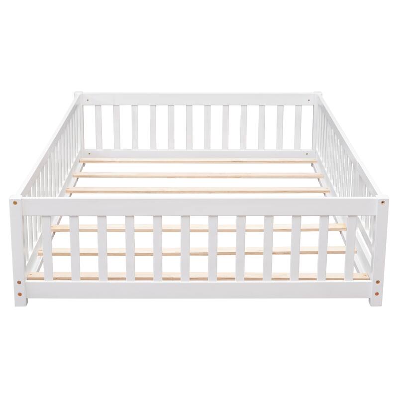 Full size Floor Platform Bed with Fence and Door, White