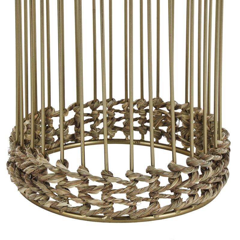 Metal Textured Dome Indoor Planter with Woven Seagrass or Rattan and Cage Rod Base - Set of 3 Gold or Silver - Roche River Decor