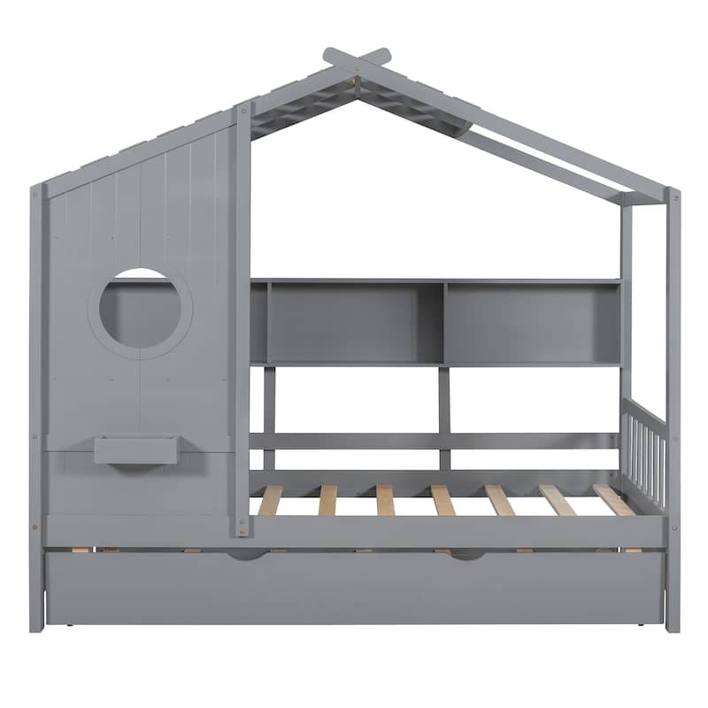 Wooden House Bed with Trundle with Built-In Storage Shelves by Harper&Bright Designs