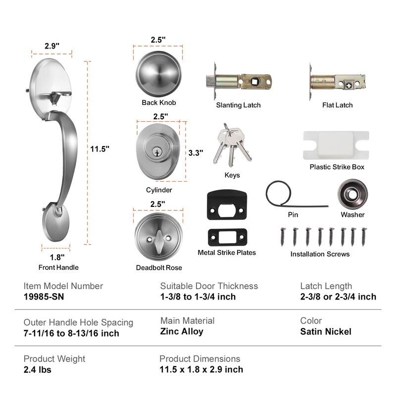 Front Door Handle and Deadbolt Set, Front Door Lock Set with Interior Knob, Adjustable Hole Spacing Single Cylinder Handleset