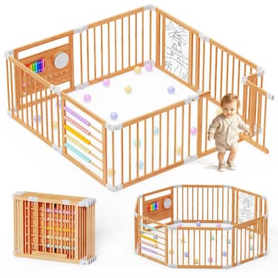 Foldable Wooden Playpen with Door, Adjustable, 1-8 years, Safety Gate