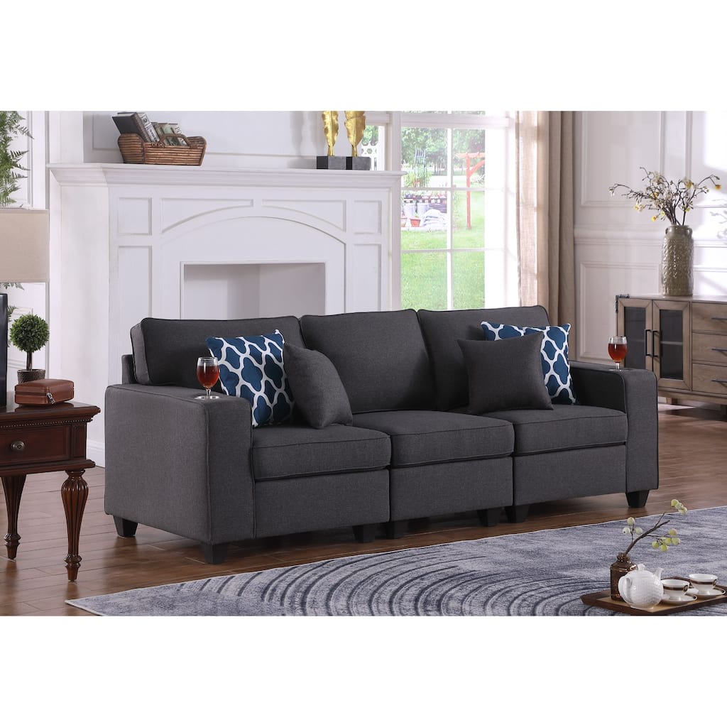 Linen Upholstered Sofa with 2 Cupholders in Dark Gray