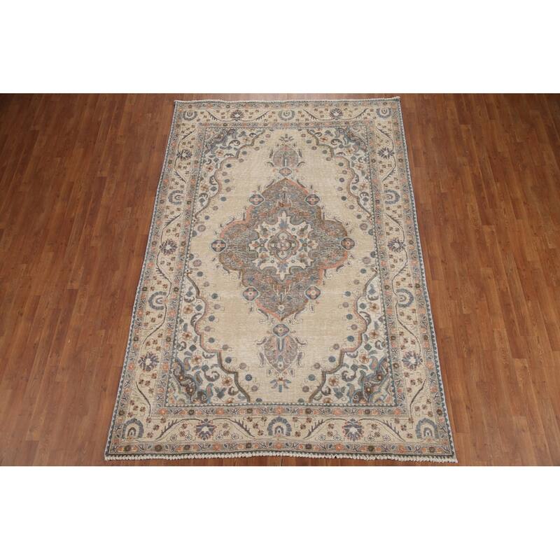 Hand Knotted Oriental 100% Wool Carpet Traditional Medallion Beige & Ivories Tabriz Area Rug - 9' 5'' X 6' 5''