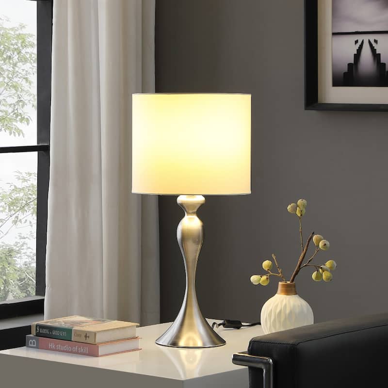 25" Modern Metal Table Lamp with White Drum Shade and Candlestick Design Base Shape In-Line Switch - 24.5"H x 12"W x 12"D