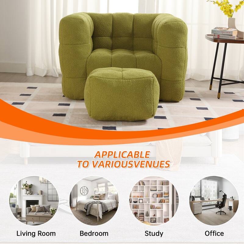 Boucle Upholstered Tufted Modern Non-installation Bean Bag Sofa Chair with Ottoman for Living Room