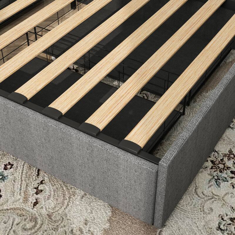 Adjustable Height Twin Size Upholstered Platform Bed with Built-in LED Lights, USB Charging Station, Side Pockets and Drawers