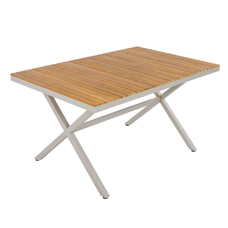 Roomfitters 55.12" Rectangular Outdoor Dining Table with Slatted Teak Wood Top & Beige Steel X-Frame Base for Patio, Teak+ Beige