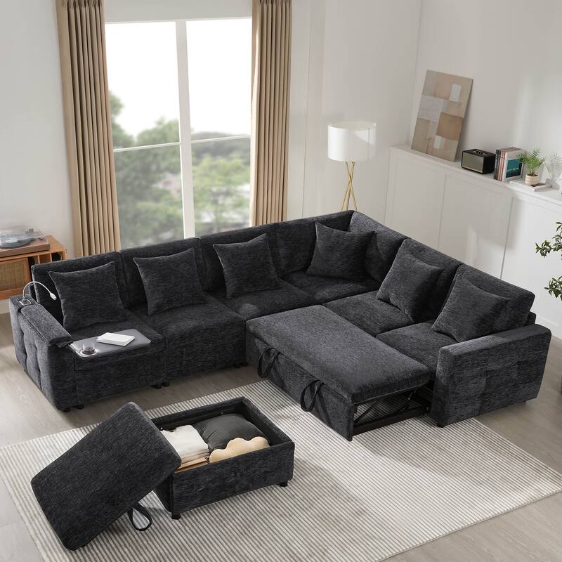 Modular Sectional Pull-Out Sofa Bed with Flip-Up Table, Reading Lamp, Storage Ottoman, and Charging Ports - Black