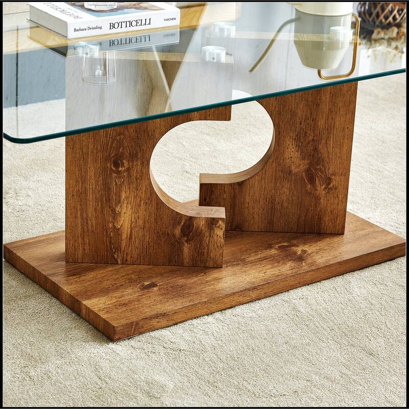 Rectangular Coffee Table with Tempered Glass Tabletop and White MDF Legs