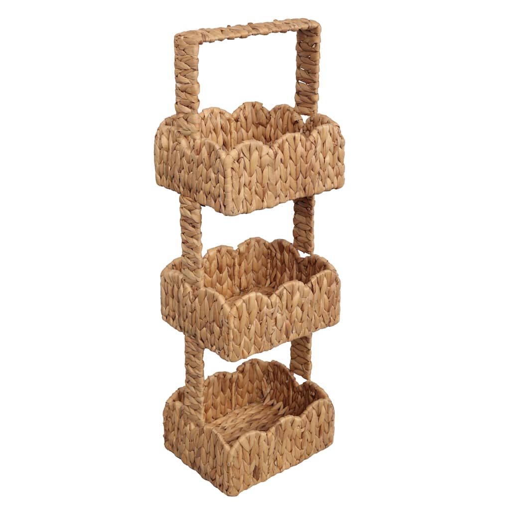 Terra 35.5 in. H Coastal Handwoven Water Hyacinth 3-Tier Scalloped Basket Freestanding Storage Tower Stand with Top Handle