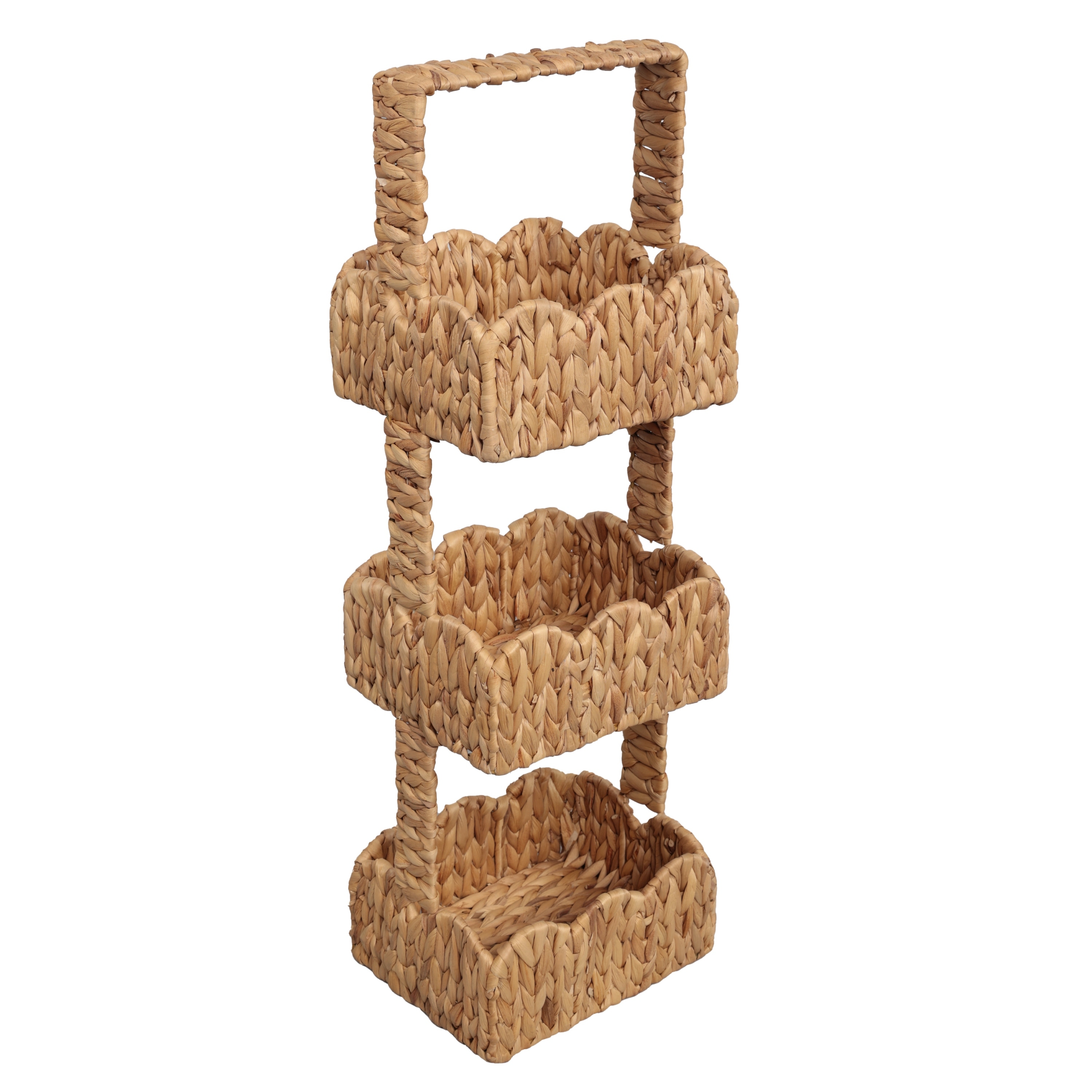 happimess Terra Coastal Handwoven Water Hyacinth 3-Tier Scalloped Basket Freestanding Storage Tower Stand with Top Handle