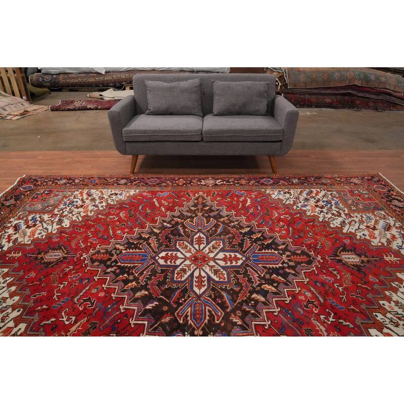 Hand Knotted Oriental 100% Wool Carpet Traditional Floral Red Heriz Area Rug - 11' 2'' X 8' 3''