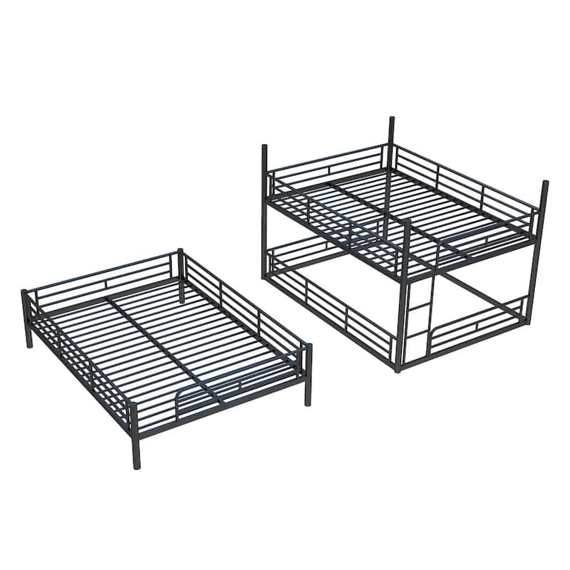 Queen over Queen over Queen Bunk Bed, Metal Triple Bunk Bed with Safety Guardrails, Bunk Bed with Noise-reduced Design