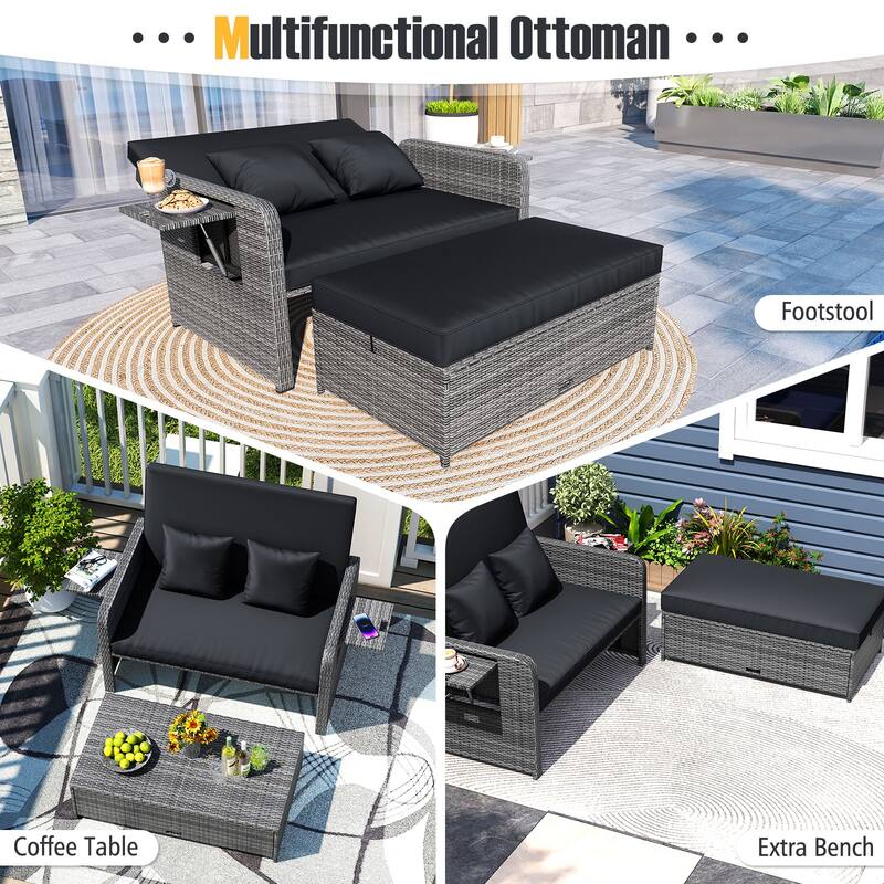 Gymax Rattan Daybed Wicker Loveseat Sofa Set w/ Ottoman & Retractable