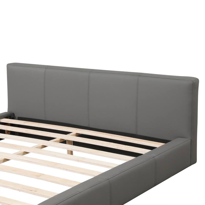 Faux Leather Upholstered Floor Bed Frame with Wood Slats Support
