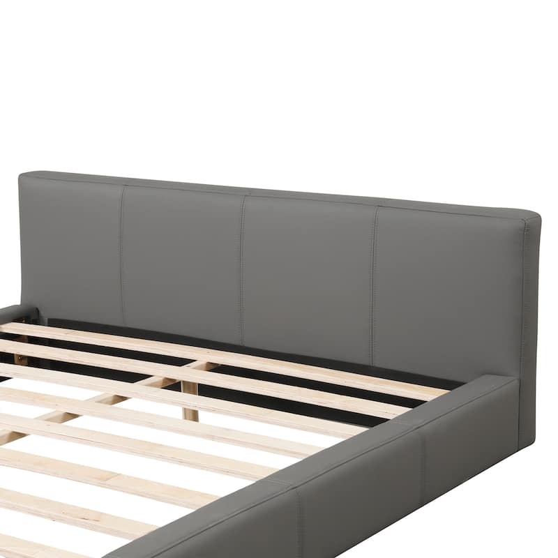 Full / Queen / King Stylish Gray Upholstered Bed with Faux Leather and Solid Wood Frame