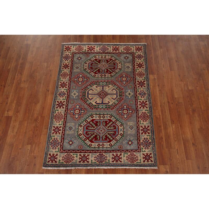 Gray Geometric Kazak Foyer Rug Hand-Knotted Wool Carpet - 3'5" x 4'11"