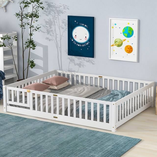 Twin/Full/Queen size Floor Platform Bed with Fence and Door for Kids, Toddlers