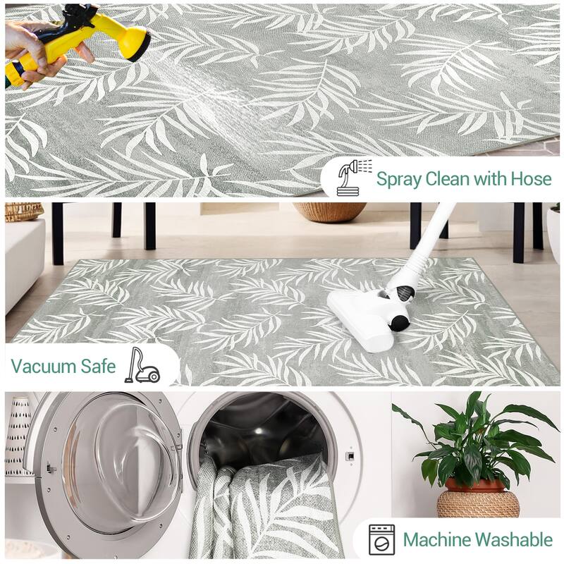 Modern Washable Area Rug - With Tropical Leaf Pattern for Living Room, Bedroom, Soft Non Slip Non Shedding