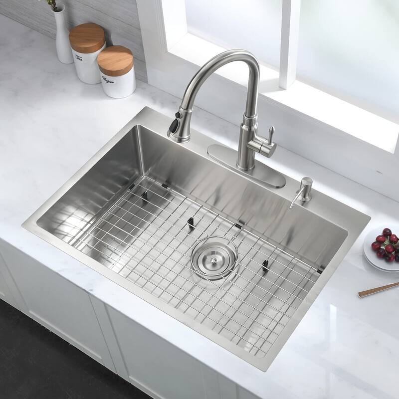 Stainless Steel Single Bowl Drop-in Kitchen Sink with Basket Strainer and Sink Grid - 30" x 22"