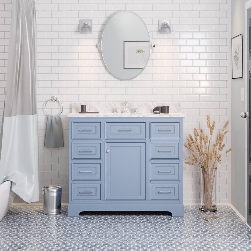 KitchenBathCollection Aria 42" Bathroom Vanity with Carrara Marble Top - Powder Blue