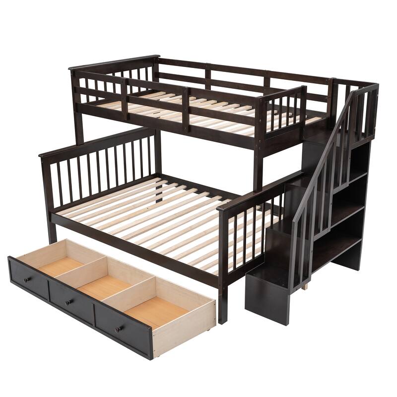 Twin-Over-Full Bunk Bed with Stairway Drawer, Storage, and Guard Rail for Bedroom or Dorm