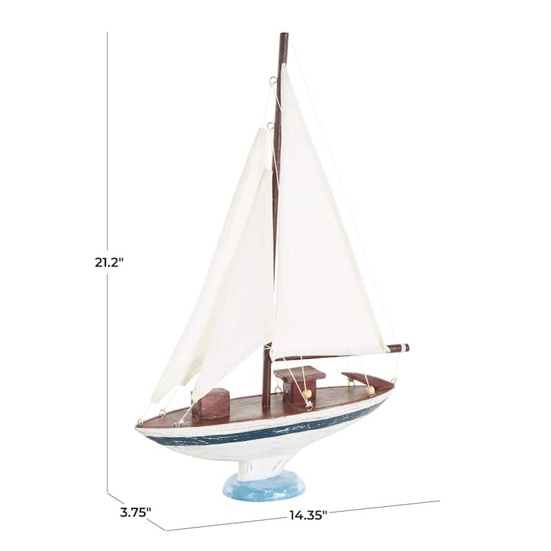 White Wood Distressed Sail Boat Decorative Sculpture with Brown Wood and Beaded Accents