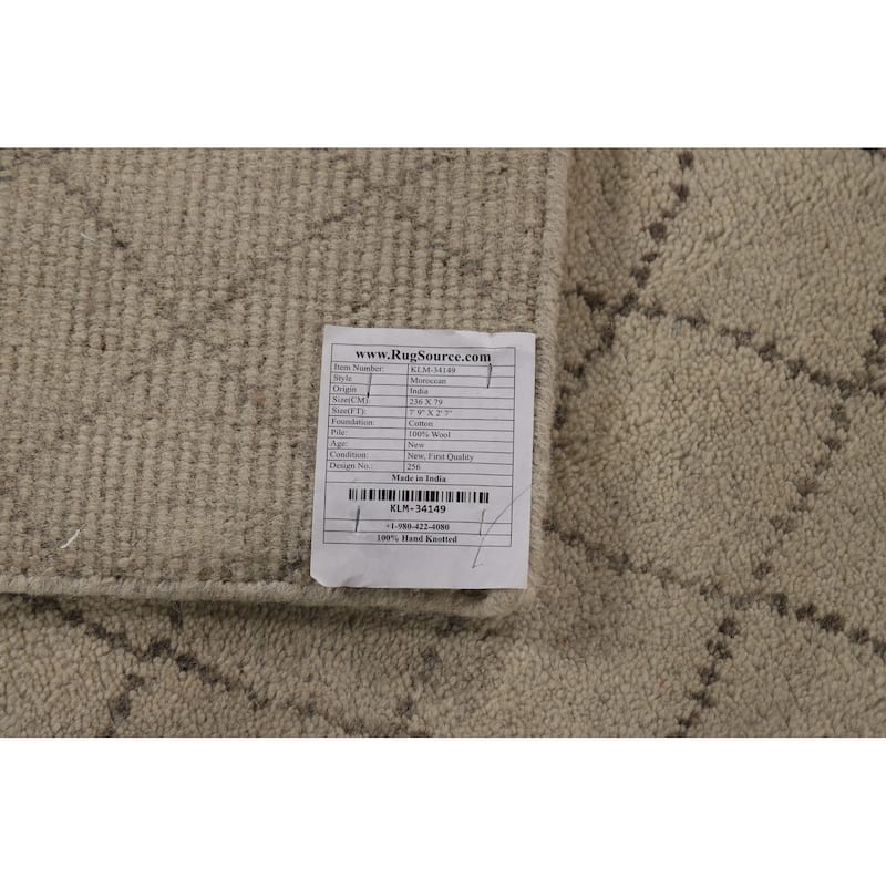 Beige Trellis Moroccan Oriental Runner Rug Handmade Wool Carpet - 2'7" x 7'9"