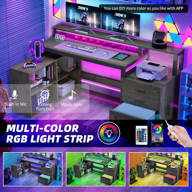 Moasis L Shaped Gaming Desk LED 65 Inch Computer Corner Desk with Monitor Stand and Storage Cabinet