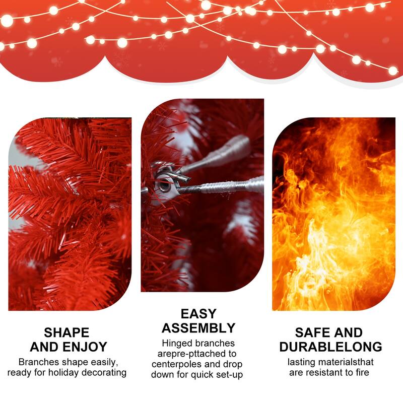 Red Artificial Christmas Tree - Pure PVC Branches, Hinged Design, Metal Stand, Bold Holiday Decor