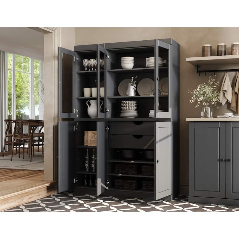 Palace Imports 100% Solid Wood China Pantry with Glass or Solid Wood Doors and 2-Drawers - 48.5" x 71.5" - Gray - Clear Glass-Solid