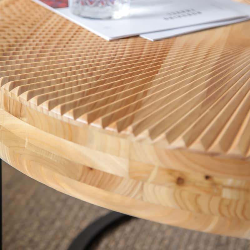 Modern Round Coffee Table with Carved Wood Top and Metal Legs