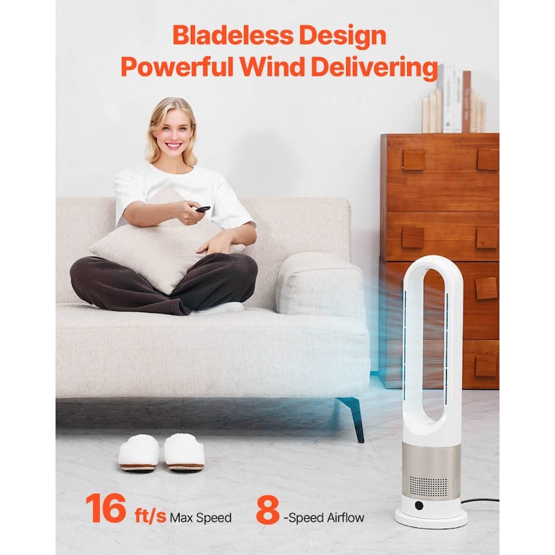 Bladeless 26-inch 8 Speed Oscillating Tower Fan with Quiet Operation and 3 Heat Levels 9-Hour Timer - 7.1 x 26.6 inch