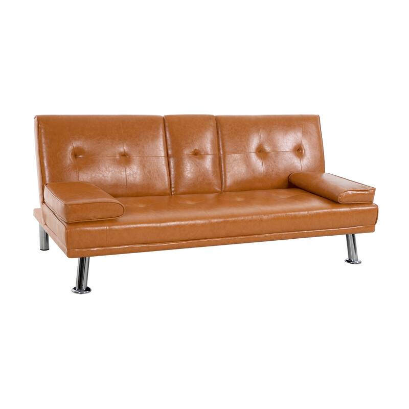 Convertible Futon Sofa Bed with Armrests & Cupholders - Faux Leather Reclining Couch for Small Spaces